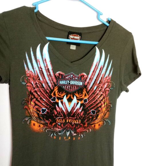 ⭐ Harley Davidson Womens V Neck Short Sleeve Fitted Graphic T Shirt Cotton Small - Picture 3 of 6